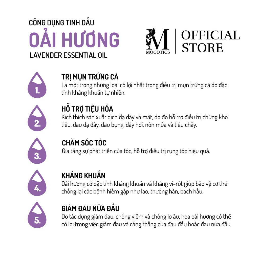 Tinh Dầu Oải Hương (Lavender) MOCOTICS Chai 30ML | 100% Nguyên Chất | Xông Thơm Phòng |Tặng lọ treo tinh dầu treo xe