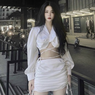 Set áo sơmi dây quấn eo và chân váy rút sexy