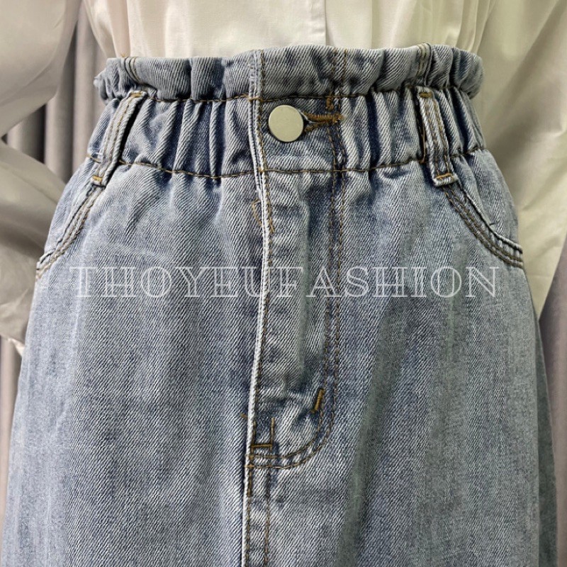 Chân Váy Jeans dài, chân váy bò Lưng Cao cạp chun dáng dài xẻ trước Thời Trang Hàn Quốc M646