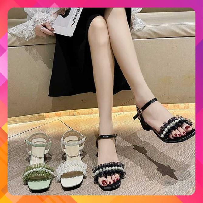 Giày Sandal Nữ Công Sở Dự Tiệc Nơ Ren Nhúng Bèo Quai Ngang Phối Ngọc Gót Vuông Gót Cao 5cm