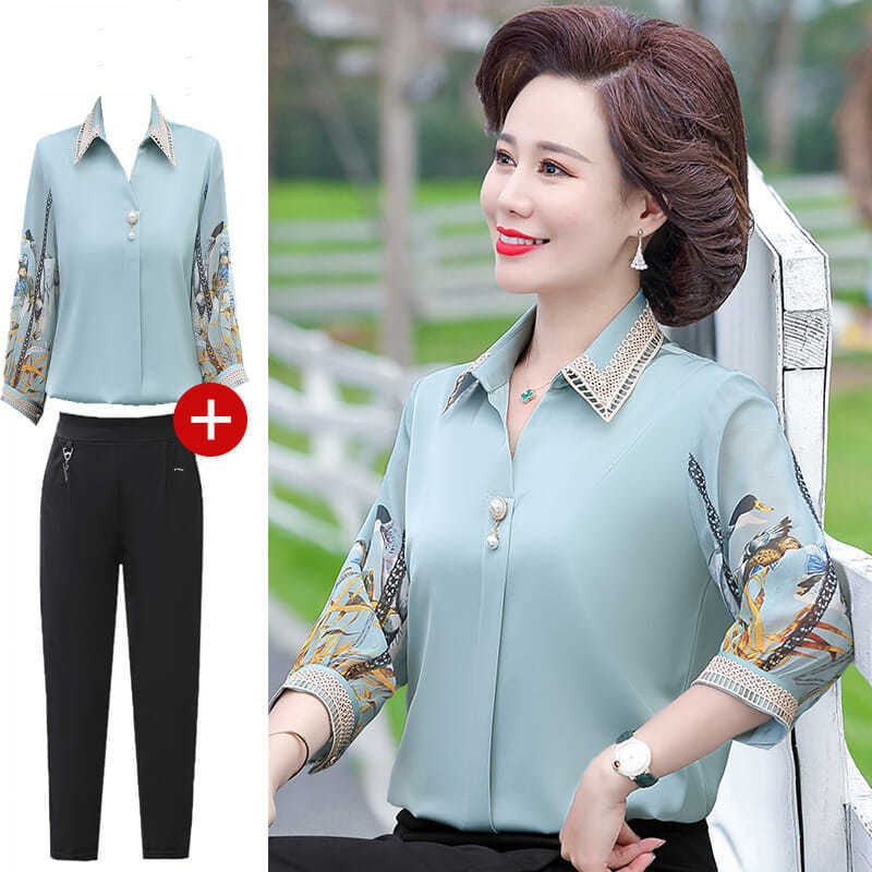 Áo sơ mi voan dành cho mẹ, kiểu mùa hè nữ, thun in hình xuân người trung niên và cao tuổi, hai dây cá tính X