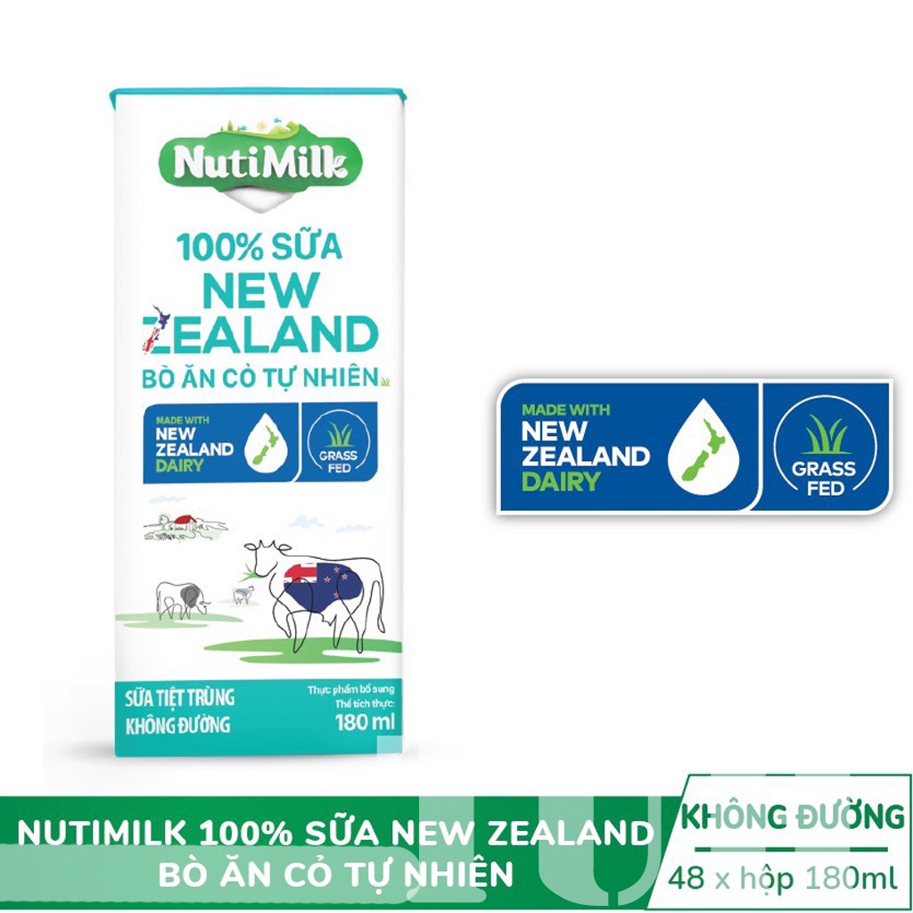 Thùng 48 hộp Sữa không đường New Zealand Nuti Bò ăn cỏ tự nhiên Không đường