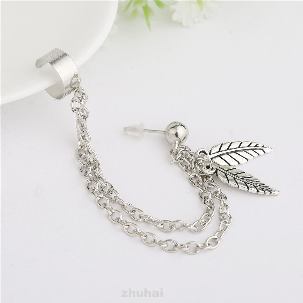 1pc Women Daily Alloy Fashion Jewerly Retro Clip On Double Leaves Long Dangle Chain Tassel Ear Cuff
