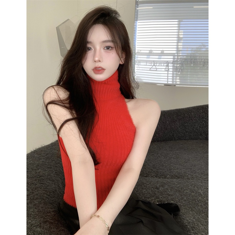 Áo sweater cổ lọ dáng ôm màu đỏ phong cách Hồng Kông quyến rũ cho nữ