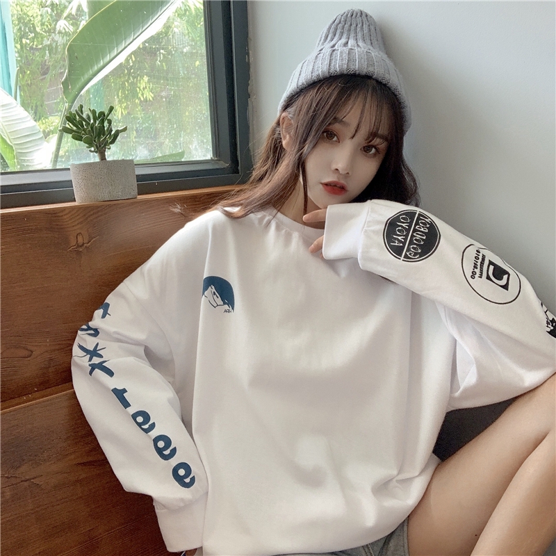 Áo sweater SUXI tay dài dáng rộng in họa tiết xinh xắn cho nữ