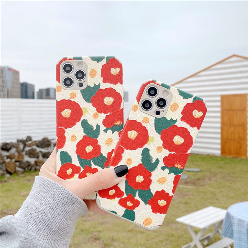 Case Oil Painting Red Flowers Casing iPhone 10 X Xs XsMax XR SE 7 8 Plus 11 12 mini Pro Max 3D Relief Soft Cover