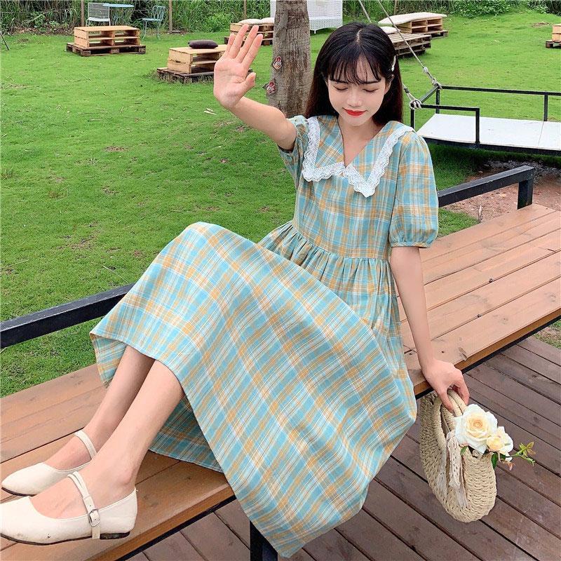 Váy nữ kẻ sọc Cổ áo búp bê Pháp màu xanh Ren Ngắn tay Phong cách công chúa