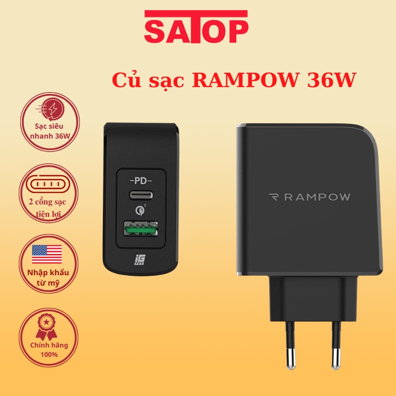 Củ sạc siêu nhanh 36W Rampow chính hãng Cốc sạc nhanh nhập khẩu từ Mỹ không kén sạc dùng cho androi IP sạc dự phòng
