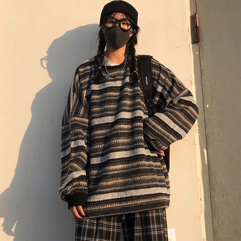 Áo sweater len nữ hàn quốc form rộng KẺ SỌC NGANG 2022, Áo sweater nữ form rộng dài tay thời trang thu đông