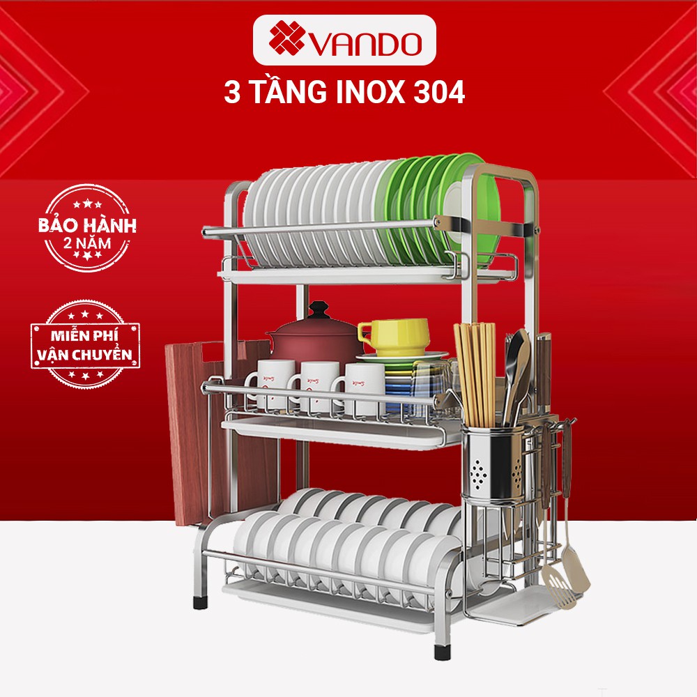 [ 𝑲𝒆̣̂ 3 𝑻𝒂̂̀𝒏𝒈 ] Kệ Úp Chén Bát INOX 304 KÈM khay ráo nước Kệ bếp cao cấp VANDO