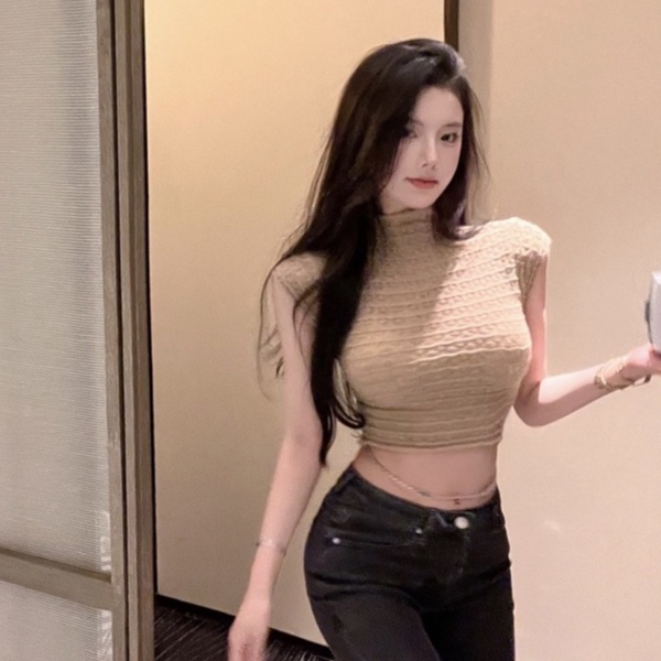 QKOOLE Áo croptop dệt kim  không tay cổ tròn phong cách Hàn Quốc dễ thương cho nữ