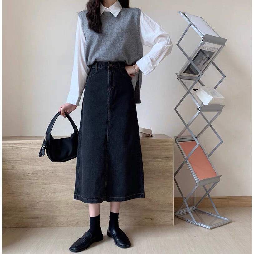 Chân Váy Jean Cạp Cao  Dài Qua Gối,Xẻ Sau,Váy Dáng A_A1