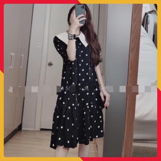 [Hàng Có Sẵn] Đầm Suông Chấm Bi Cổ Sen Trắng, Váy Suông Đuôi Cá Chấm Bi