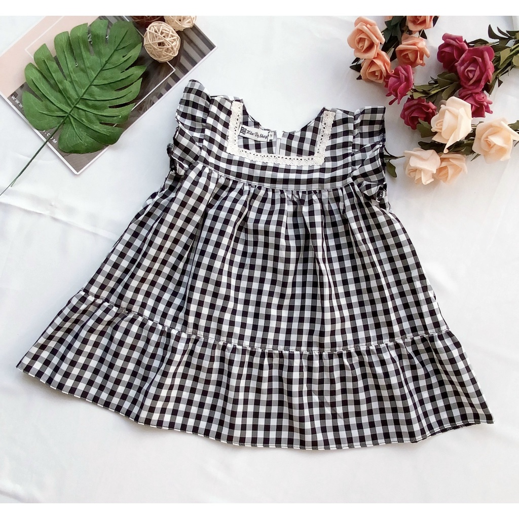 Đầm bé gái dễ thương, Váy cho bé dáng xoè cổ tròn ngắn tay