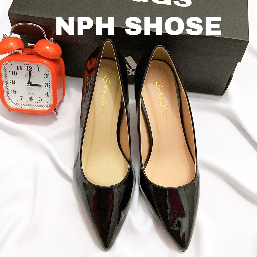 Giày Cao Gót Nữ Bít Mũi Thời Trang Si Bóng Màu Đen Cao 7 Phân (NPH SHOSE)
