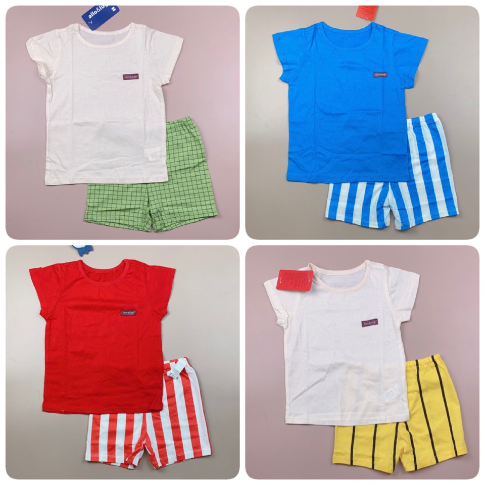 Bộ cotton Allo & lugh áo trơn màu quần kẻ - xuất Hàn xuân hè