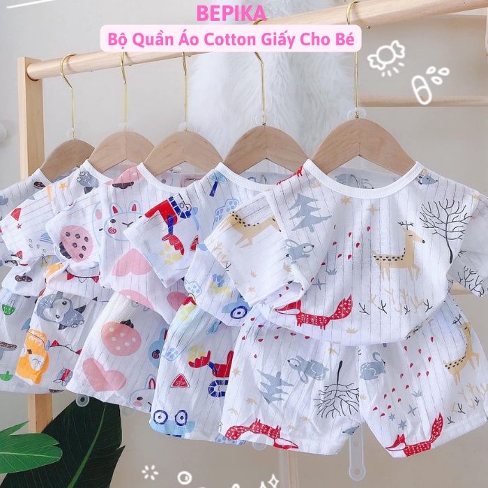 Bộ quần áo cotton giấy cho bé từ 3-14kg BEPIKA cộc tay cúc cài vai in hình dễ thương