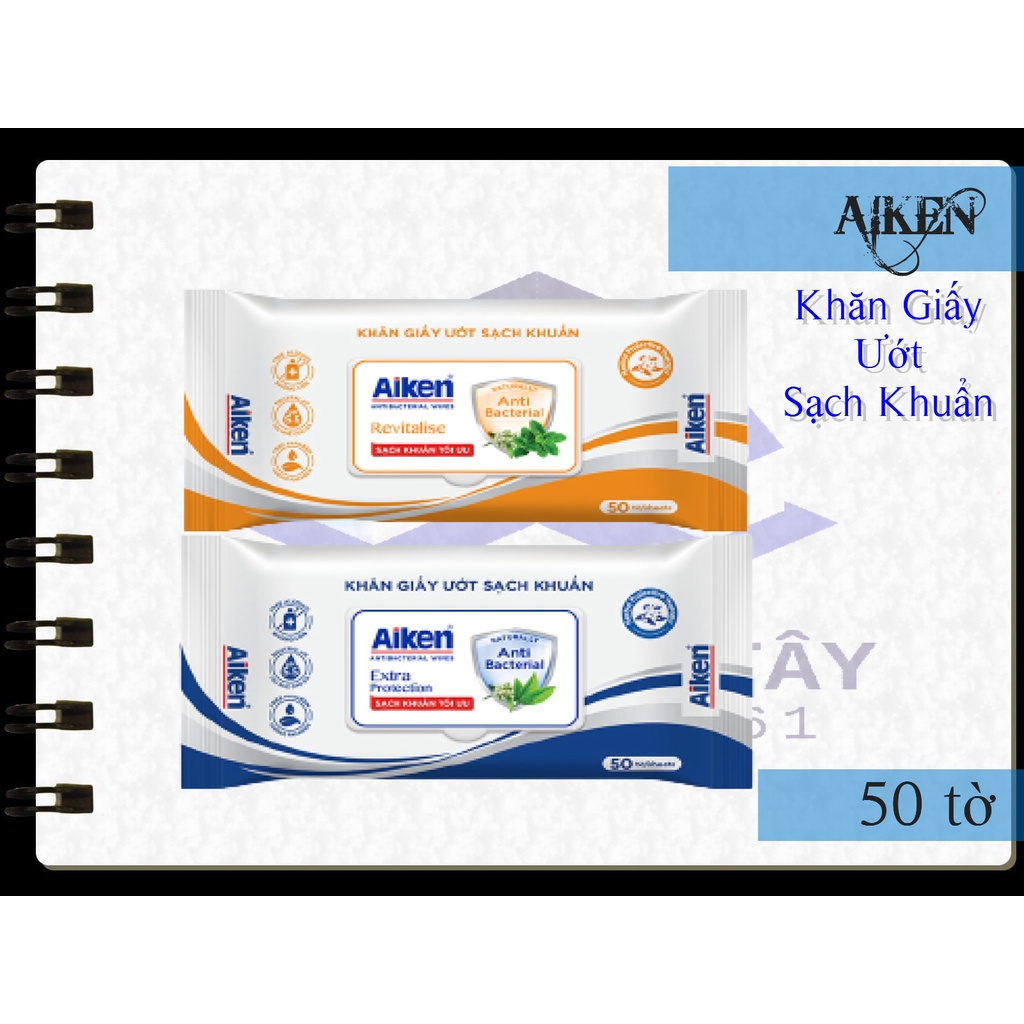 AIKEN - Khăn Giấy Ướt Sạch Khuẩn Aiken Gói 50 tờ (Trà Xanh/Bạc Hà)