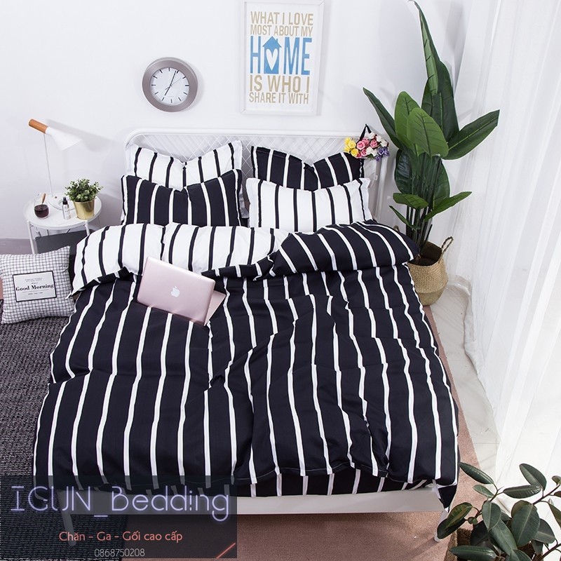 set KẺ DỌC ĐEN TRẮNG bộ Chăn Ga Gối 4 món Poly cotton HÀN QUỐC 100%