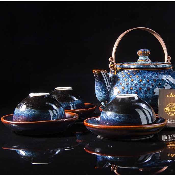 Bộ ấm pha trà - Oanh Gia Authentic bat trang - men xanh hỏa biến CAO CẤP