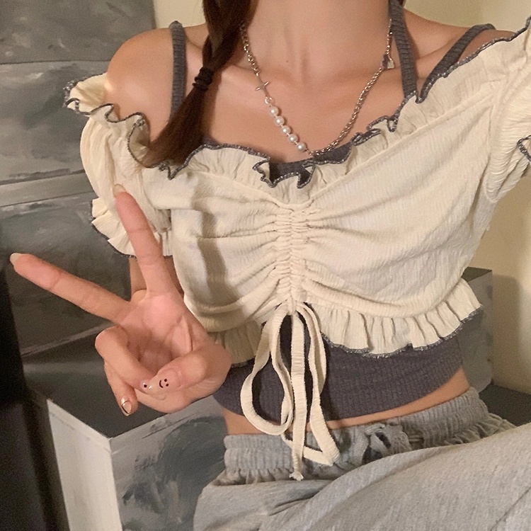 Áo Croptop Tay Ngắn Dây Rút Phong Cách Hàn Quốc Thời Trang Cho Nữ