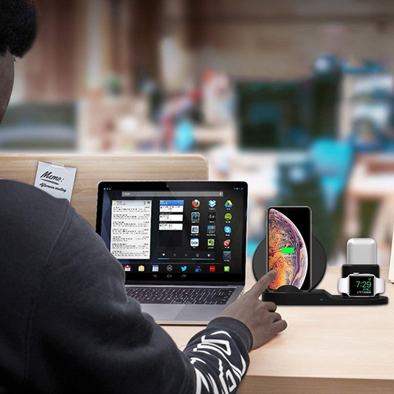 Bộ sạc không dây 3 trong 1 dùng cho iPhone X 8 Samsung có sạc nhanh cho Airpods Apple Watch 4 3