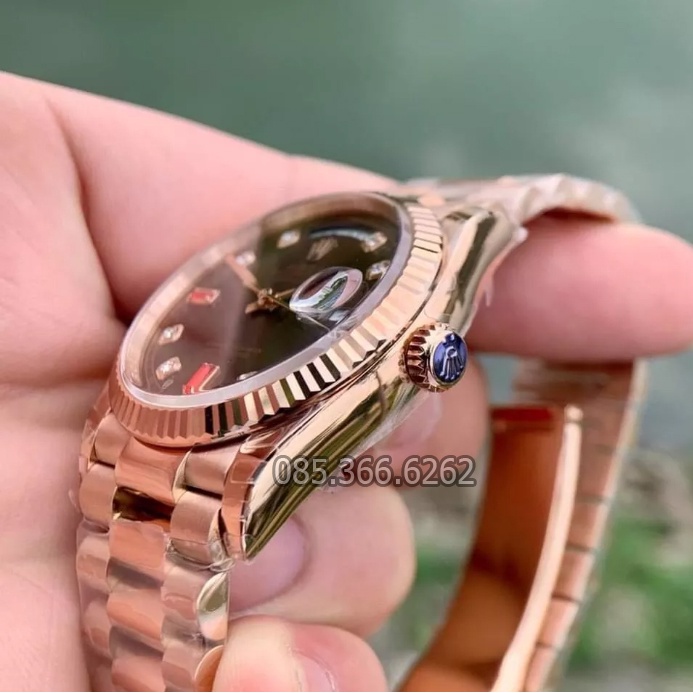 Đồng hồ nam Rolex cơ Automatic máy Nhật mẫu Classic 2 lịch màu nâu cafe, viền và dây vàng hồng size 39-40mm