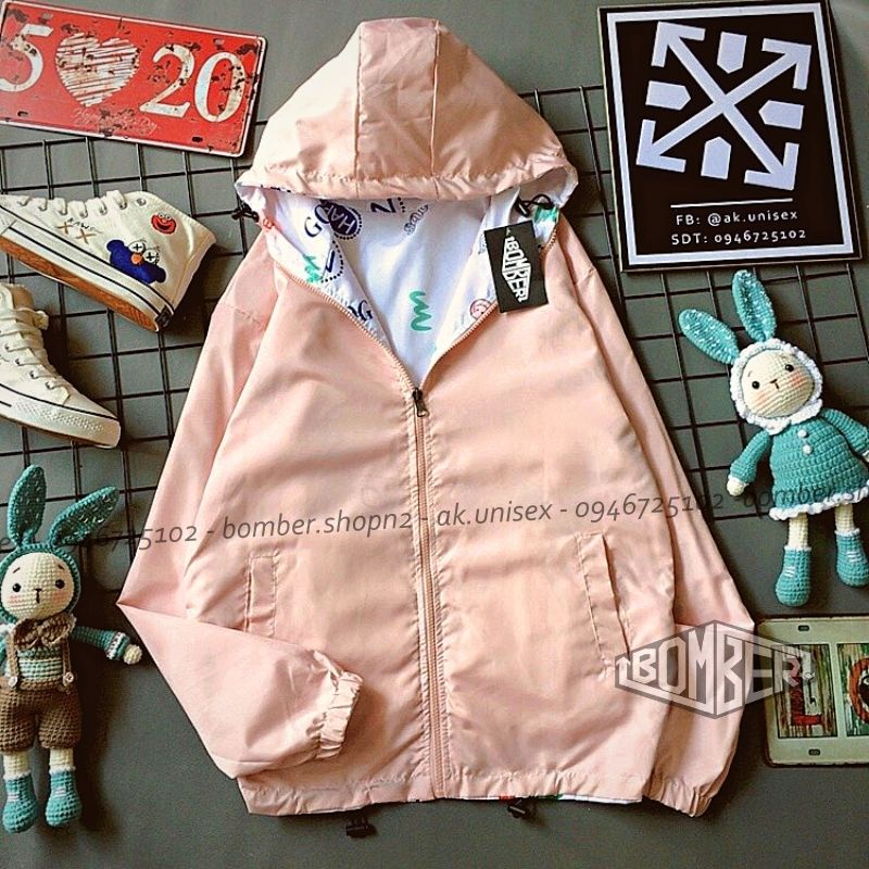 [Ảnh + video thật] Áo khoác dù 2 mặt nữ style cute phối hình in cực đáng yêu (Freesize - 2 mặt)