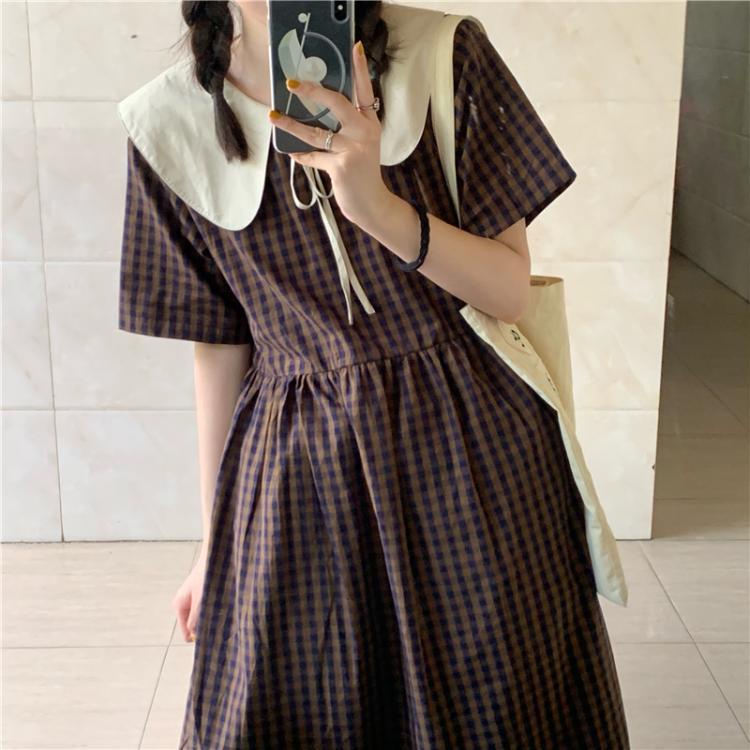Đầm Chữ A Cổ Búp Bê Kẻ Sọc Ca Rô Thời Trang Mùa Hè Mới Cho Nữ