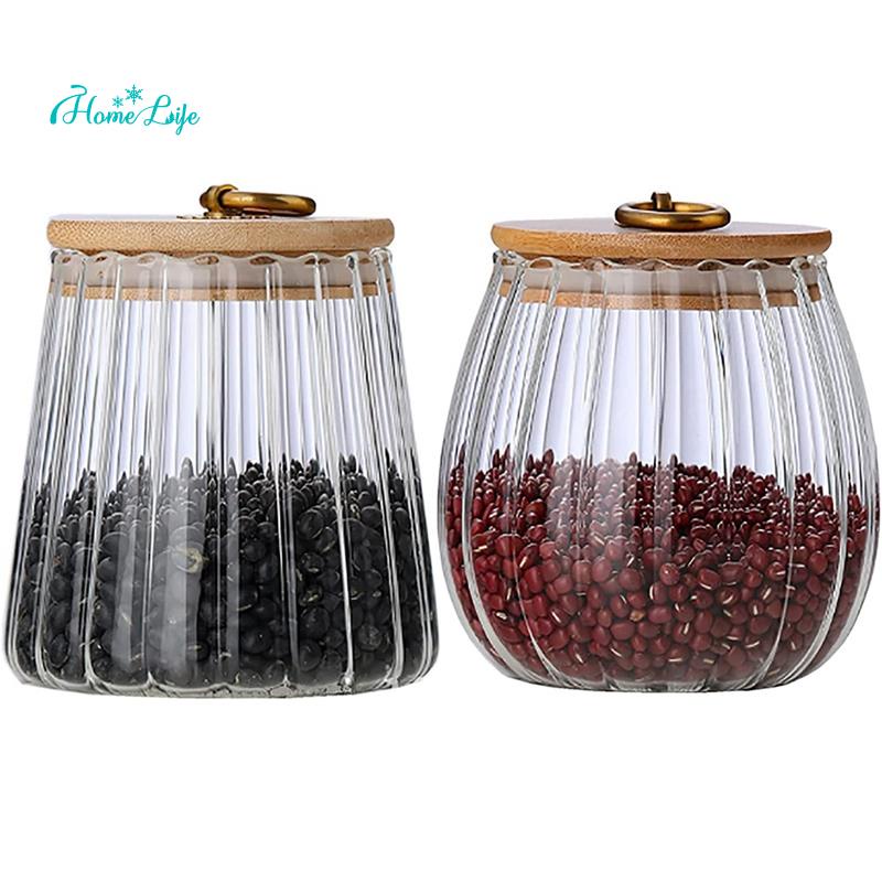 Bộ 2 Lọ Thủy Tinh Trong Suốt Có Nắp Bằng Tre Và Vòng Kéo Dùng Đựng Gia Vị