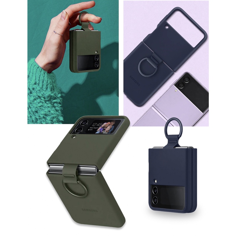 Ốp điện thoại silicon chính hãng có vòng đỡ màu hồng tím kaki xanh navy cho Samsung Z Flip 4 flip4