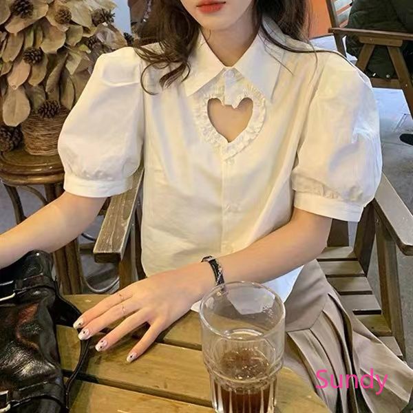 Áo Sơ Mi Cổ Bẻ Phối Ren Họa Tiết Trái Tim Ngọt Ngào Thời Trang Mùa Hè Cho Nữ