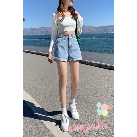 DUNEA Quần Short Denim Lưng Cao Ống Rộng Phối Túi Cá Tính Dành Cho Nữ