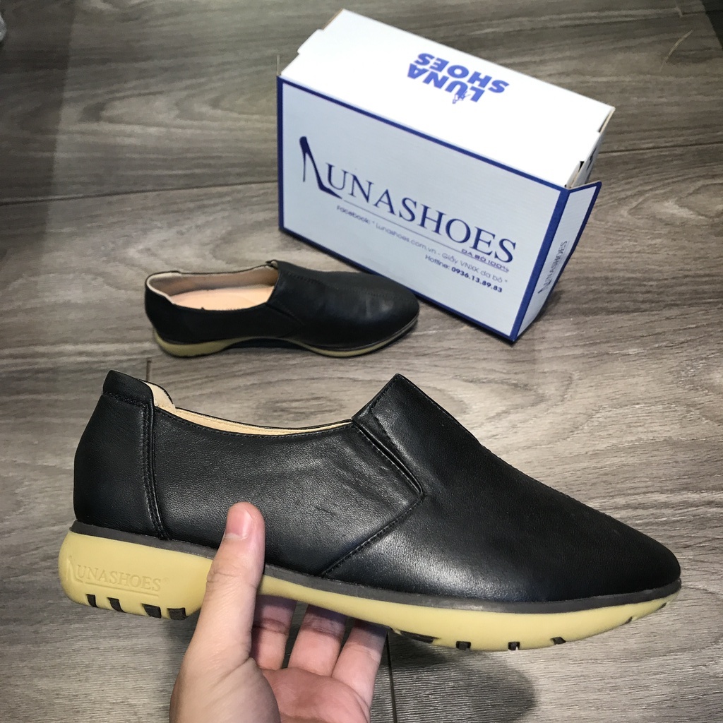 Giày slip on, giày lười nữ da bò thật LUNASHOES 705 giầy moca nữ cho mẹ đi êm chân dễ phối đồ trung niên