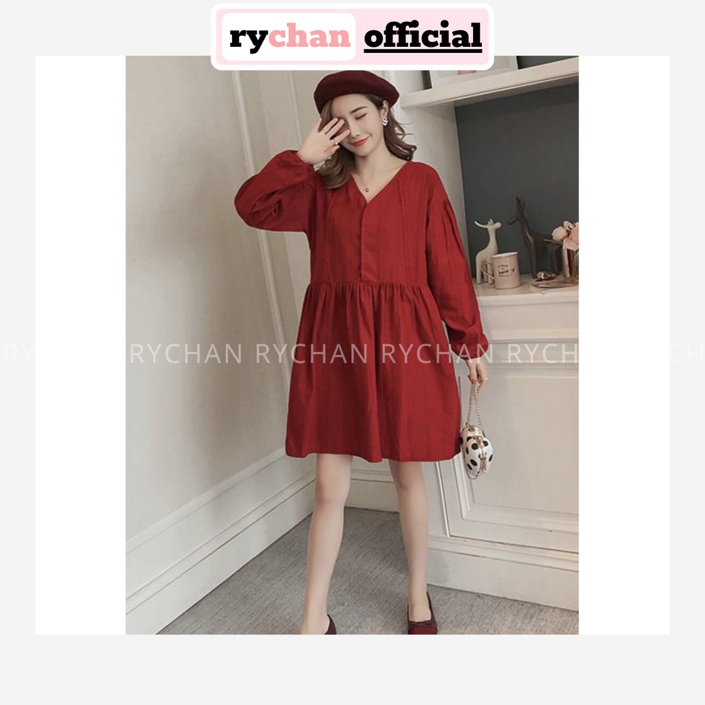 Đầm Xòe Đỏ Cổ V Babydoll Tay Dài Dễ Thương - DX931