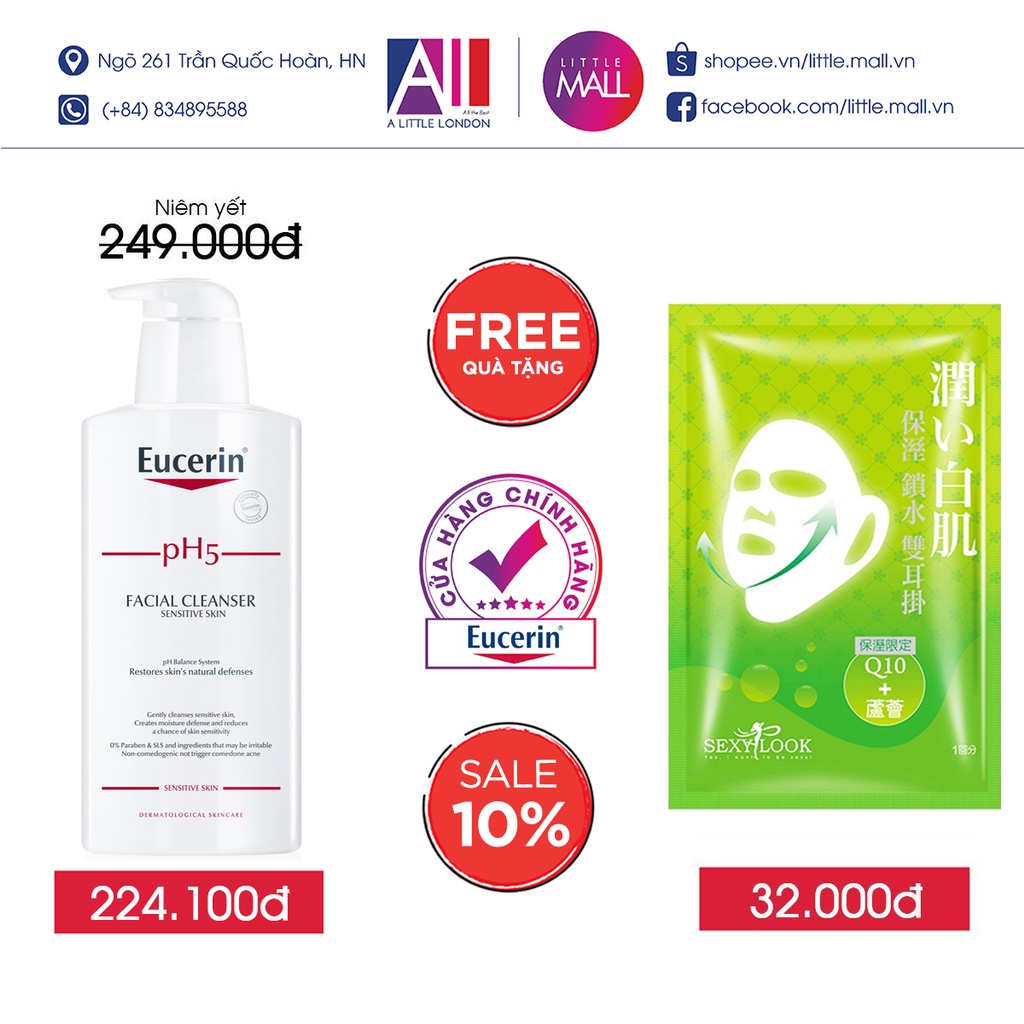 Sữa rửa mặt không gây kích ứng Eucerin pH5 Facial Cleanser 400ml TẶNG mặt nạ Sexylook (Nhập khẩu)