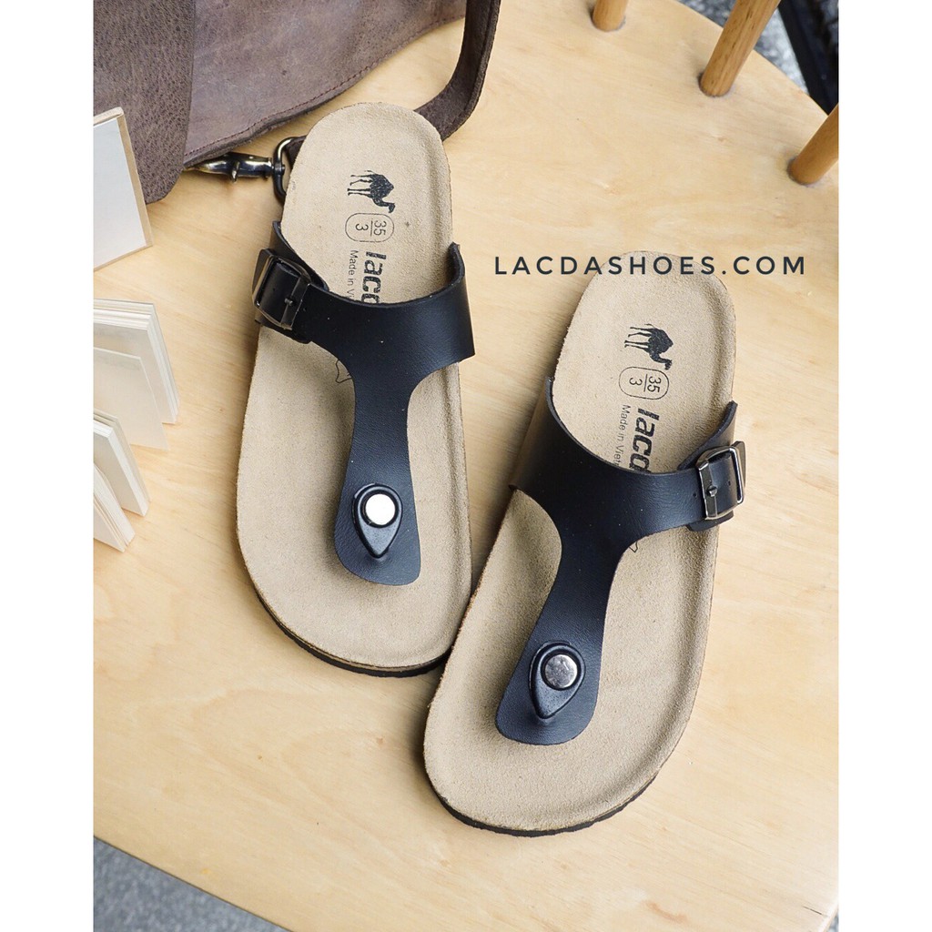 Slipper Birken đế trấu chữ T nam nữ -  da PU B01 màu đen - trắng