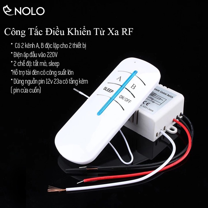 Bộ Công Tắc Điều Khiển Từ Xa RF 2 Cổng 2 Kênh 2 Chế Độ Có Tặng Kèm Đế Gắn Remote Và Pin 12V 23A Tầm Xa 20m