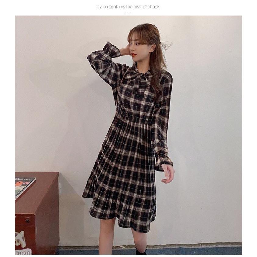 Đầm maxi dài tay họa tiết kẻ sọc ca rô phong cách Hàn Quốc xinh xắn thời trang 2021