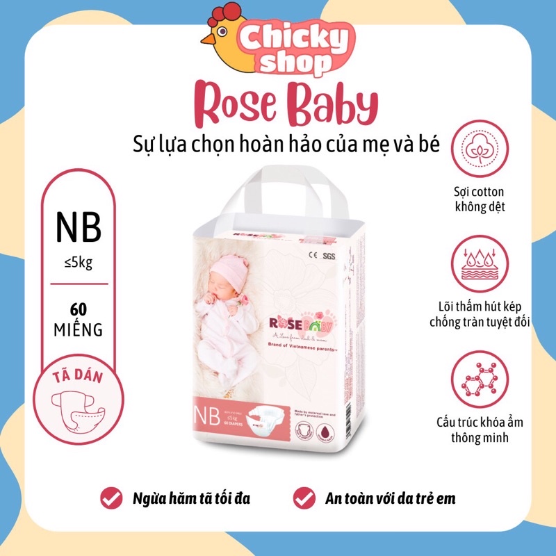 Bỉm dán Rose Baby size NB 60 miếng (&lt;5kg)