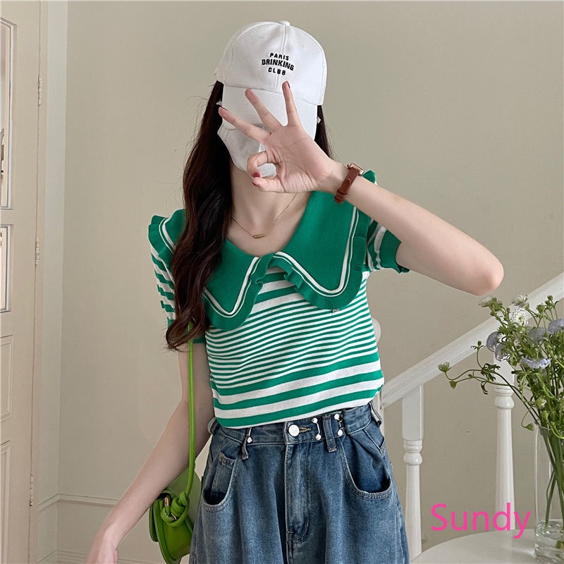 Áo Dệt Kim Tay Ngắn Cổ Búp Bê Họa Tiết Kẻ Sọc Thời Trang Mùa Hè Cho Nữ