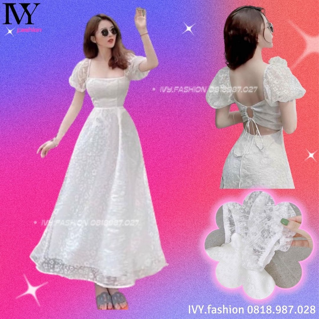 Đầm váy midi ren hoa nổi hở lưng cổ vuông tay phồng sẵn mút ngực khoét eo cut eo tiểu thư maxi dáng dài bigsize đi biển