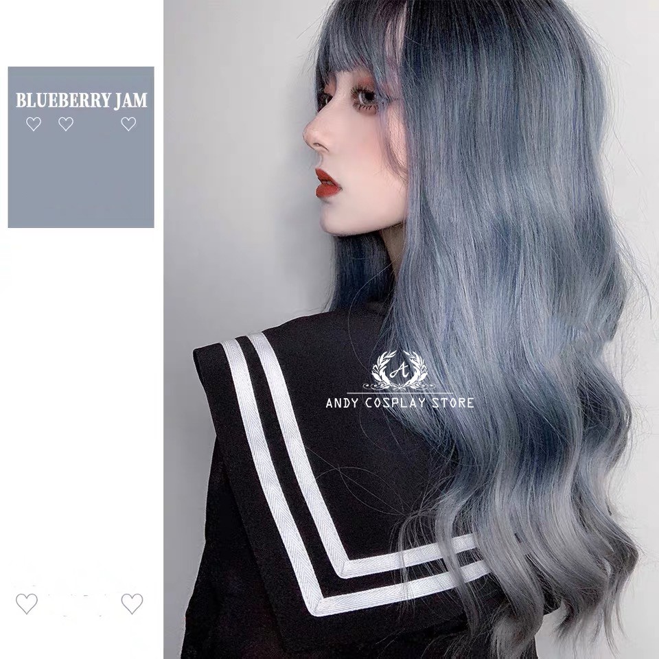 [CÓ SẴN] Wig teen/ tóc giả xanh xám xoăn sóng Blueberry Jam Hengji