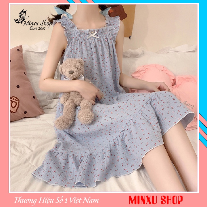 Đầm ngủ mặc nhà hai dây pijama chất vải xốp nhẹ mát, họa tiết xinh xắn Minxu shop V925