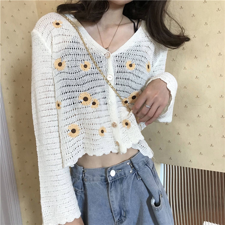 Áo Khoác Cardigan Dệt Kim Mỏng Tay Dài Dáng Ngắn Thêu Họa Tiết Thời Trang Cho Nữ