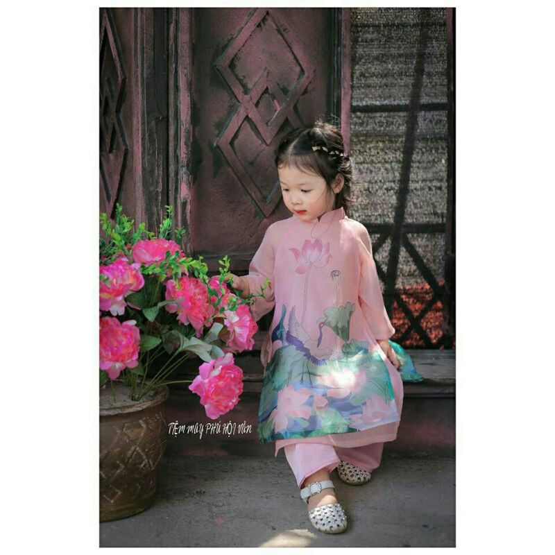 Set áo dài hoa sen kèm chân váy,mấn