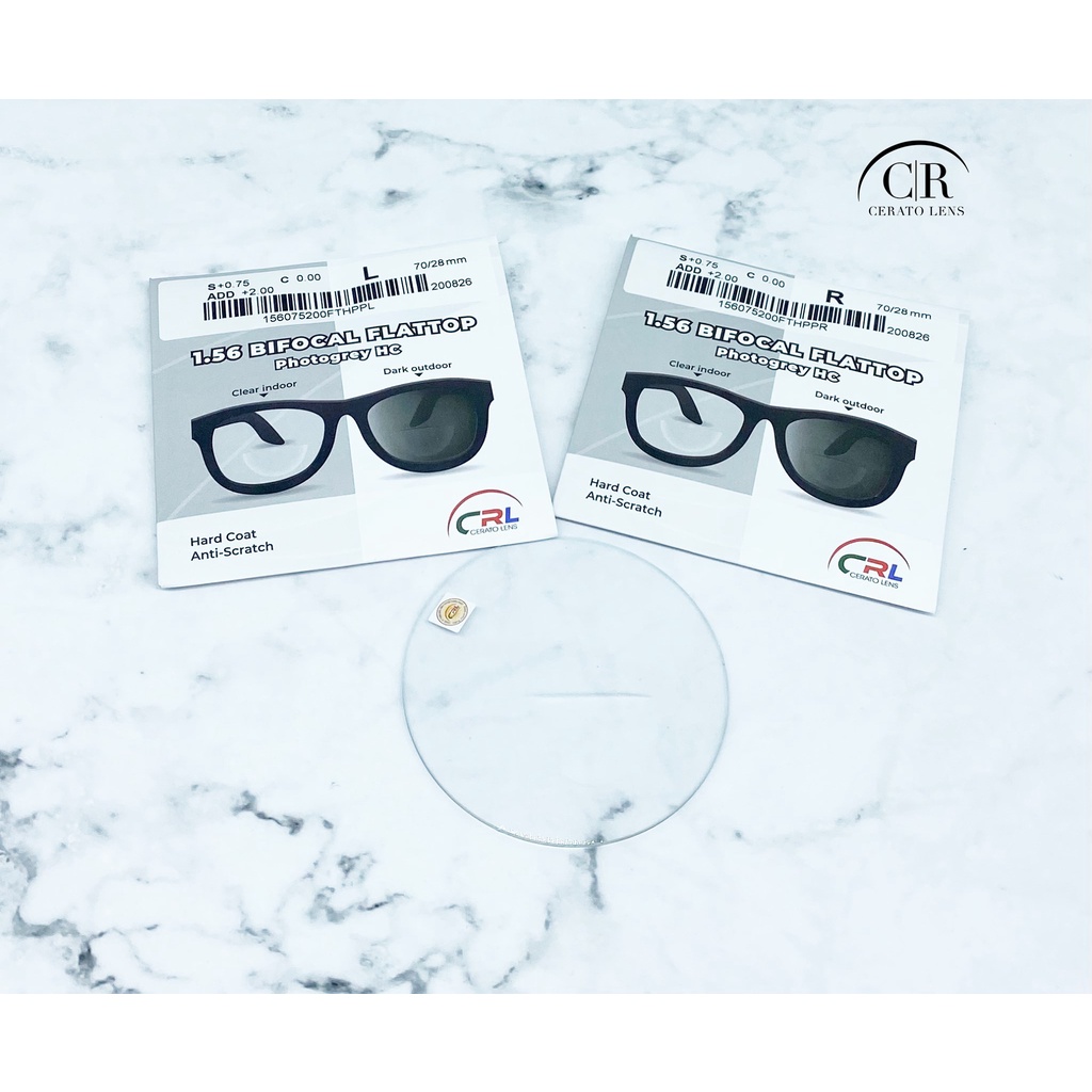 Tròng kính hai tròng đổi màu Cerato 1.56HMC Bifocal Flattop Photogrey chính hãng Singapore