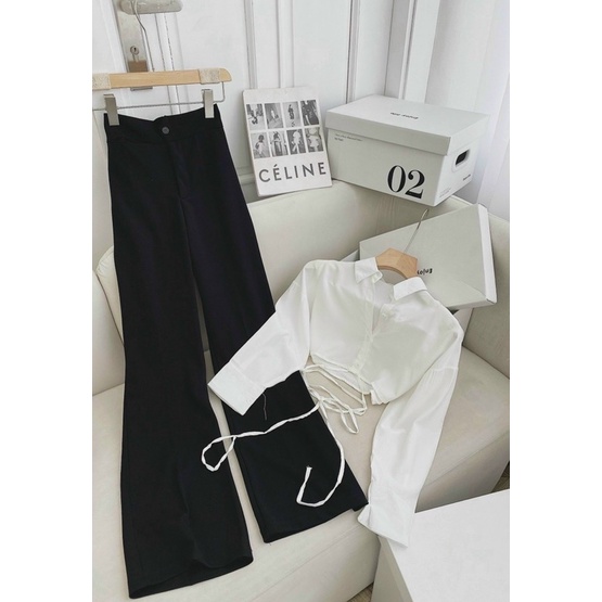 Set Áo Croptop Sơ Mi Trắng Cột Dây Eo + Quần Suông Đen Cạp Cao