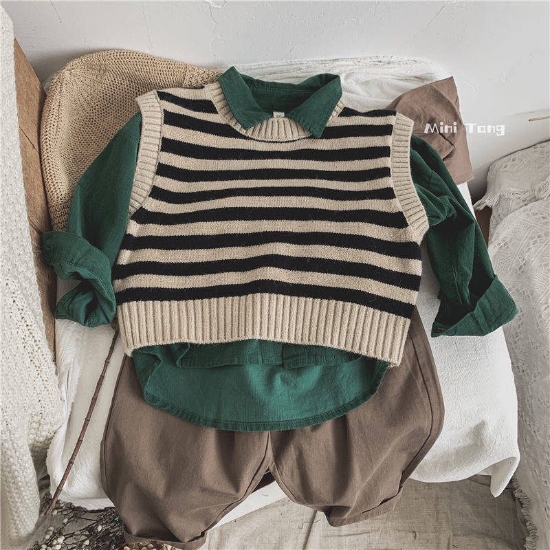 Một Cổ Điển ~ Áo Sweater Dệt Kim Không Tay Kẻ Sọc Phong Cách Hàn Quốc Cho Bé Trai Bé Gái Mùa Thu Đông * / o len gile tr > em *