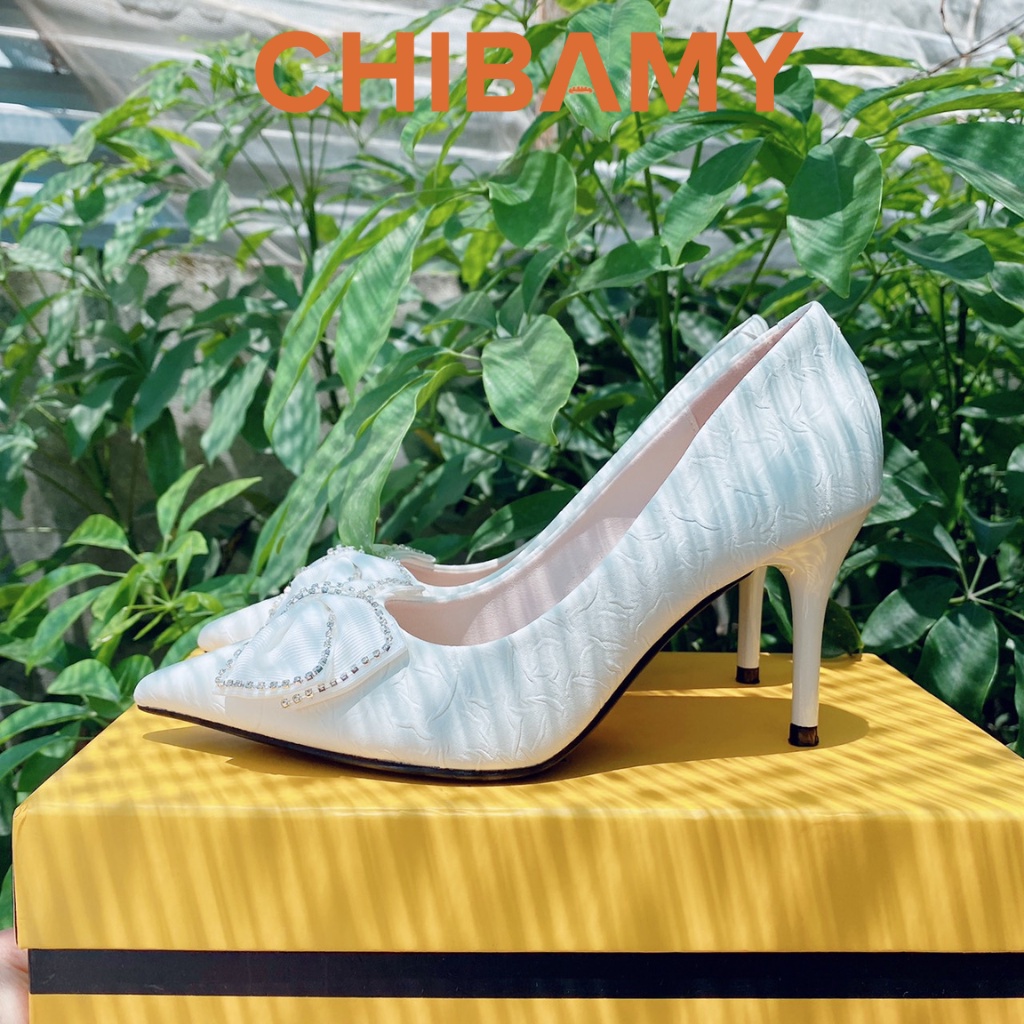 Giày cao gót mũi nhọn nữ đính nơ da nhăn CHIBAMY mã CG04, Giày gót nhọn 8cm đi tiệc, giày cưới cô dâu